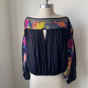 Free People Black Top with Colorful Floral Embroidery